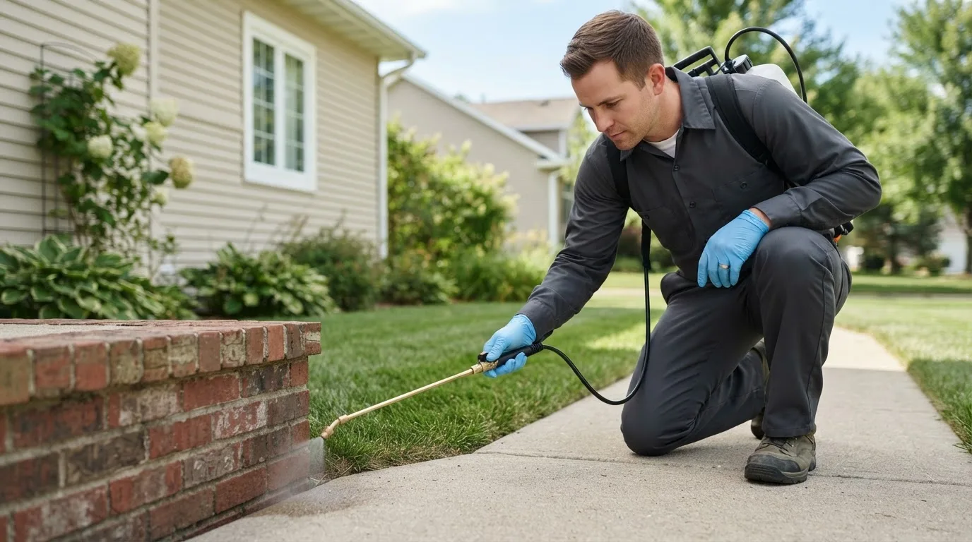 Pest control technician treating a home near Townville, PA