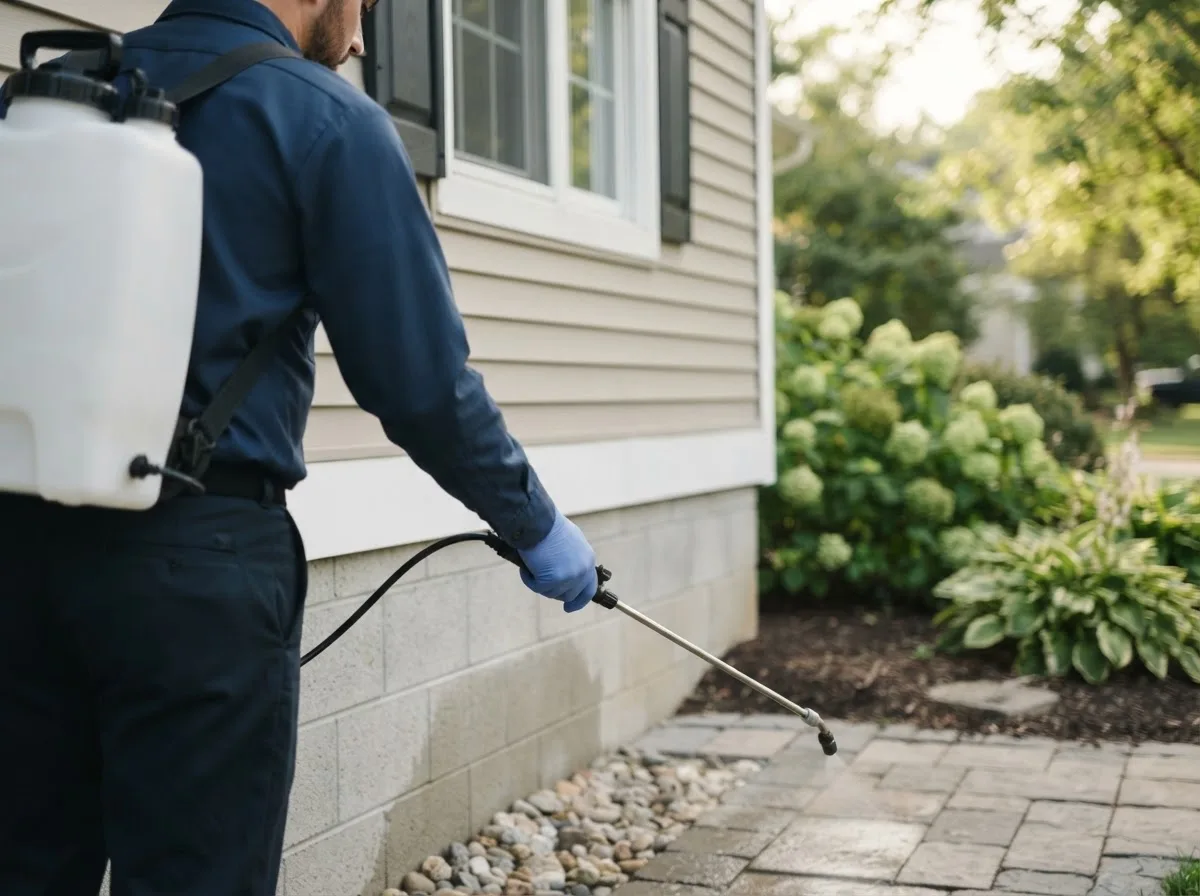 Pest control technician inspecting a home in Townville, PA
